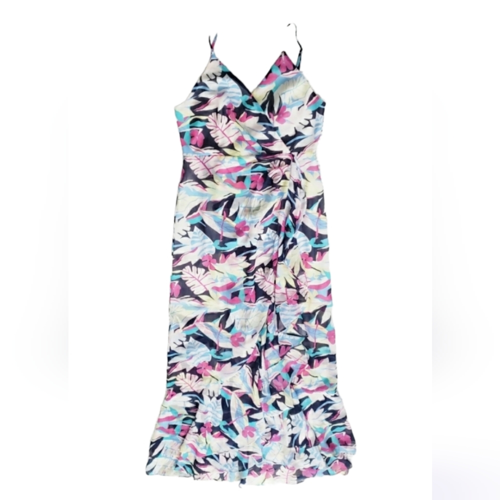 Forever 21 tropical floral chiffon ruffle front  maxi dress L NWT